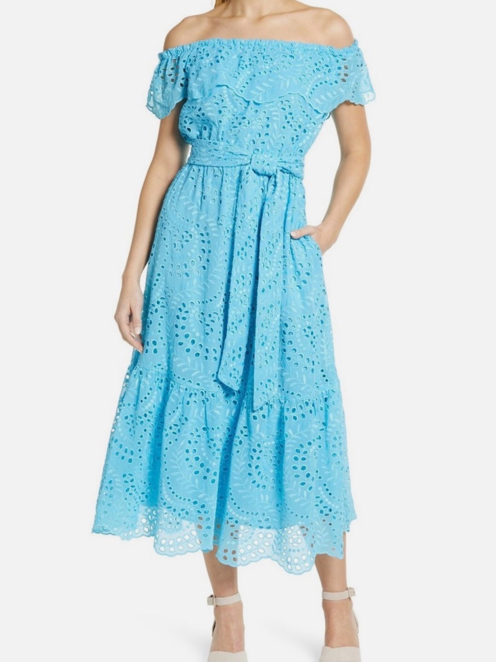 NWT Lilly Pulitzer Geri Off Shoulder Seabreeze Blue Swirly Fern Eyelet Dress